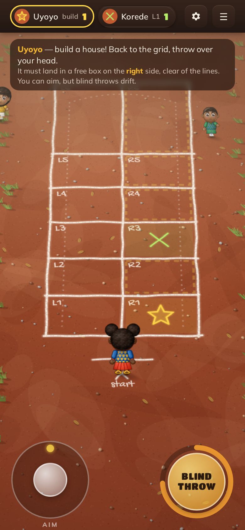Building a house by throwing blind from the start line
