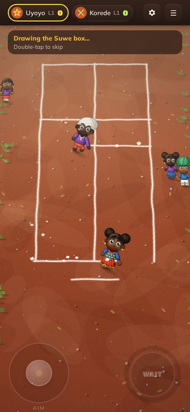 Two players drawing the Suwe grid in chalk